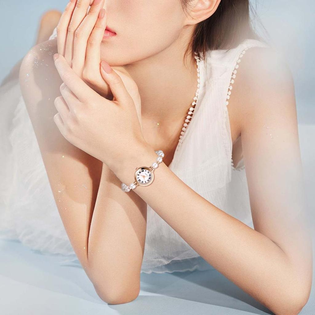 Round Small Pearl Roman Numeral New Year Wristwatch, Women's, Waterproof, Rainproof, Dial, Quartz, Dial, Bracelet, Dial, Adjustable, Simple, Present,