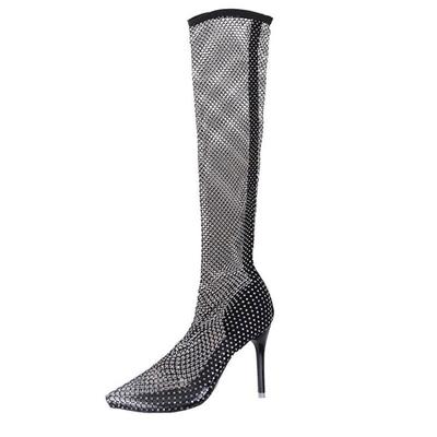 Netzrote Overknee-Stiefel Sommer Sexy Nachtclub High Heel Spitz Mesh Ausgehöhlt Damen Schuhe Diamant Mesh Stiefel