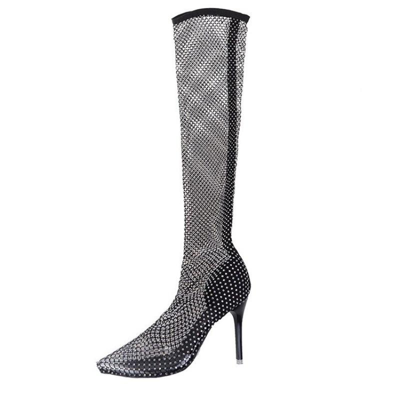 Mode Netz Rote Überknie Stiefel Sommer Sexy Nachtclub Hoher Absatz Spitz Mesh Ausgehöhlt Damen Schuhe Diamant Netz Stiefel