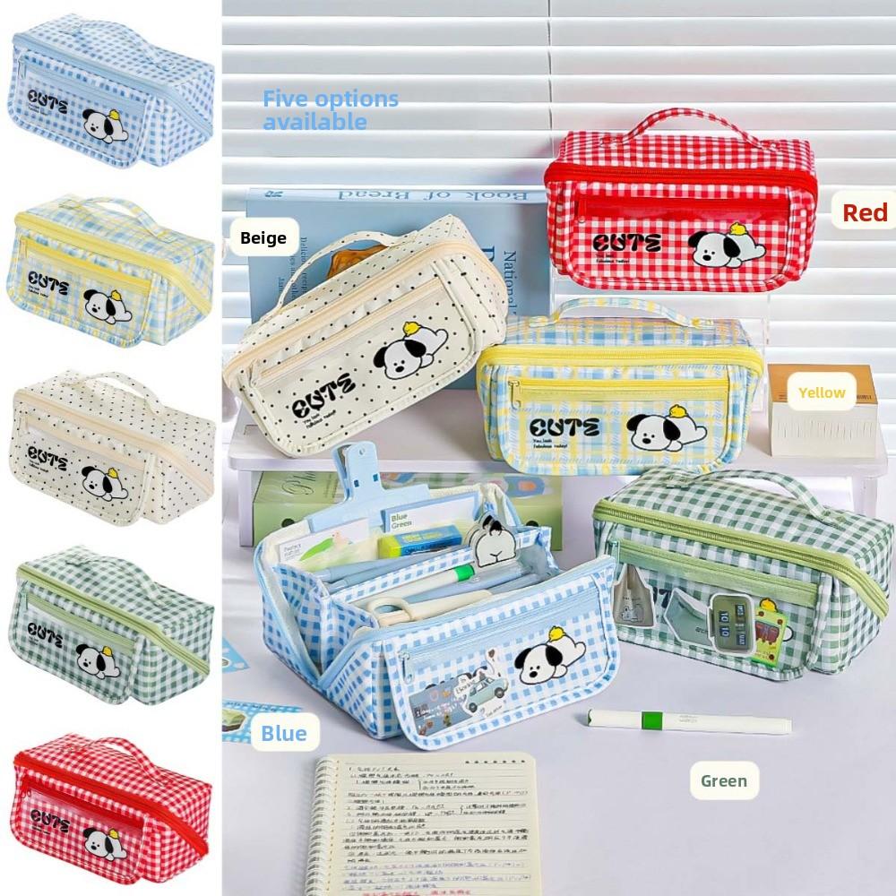 Korean Style Grid Stationery Bag Puppy Dopamine Pencil Pouch Prism Pencil Case  Student