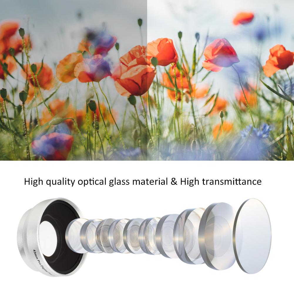 0.45X Optical Glass Silver Camera Wide Angle Magnification Additional Lens for 43mm Camera Lenses