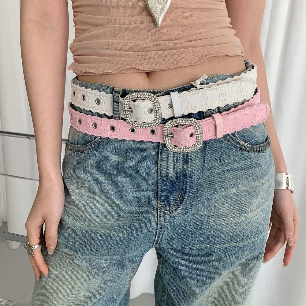 Y2K Lace Belt PU Leather Women Waistband Trend Rhinestone Belt Jeans Accessories