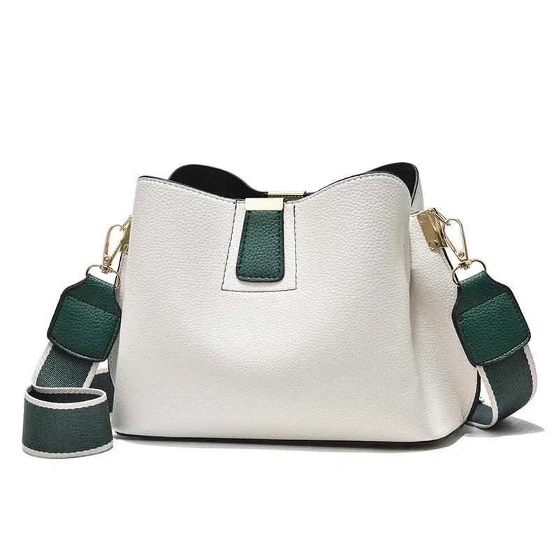 Summer ladies simple casual bucket bag new fashion single shoulder wide strap crossbody large capacity