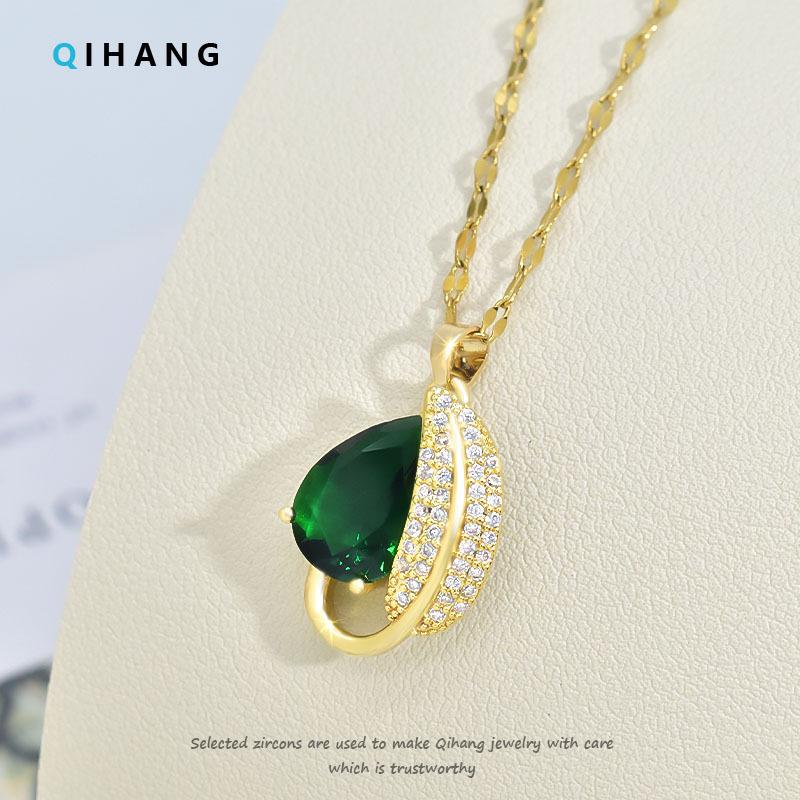 Emerald Water Drop Necklace Ethnic Style Light Luxury Retro Micro-Inlaid Zircon Pendant Women'S Collarbone Chain Jewelry