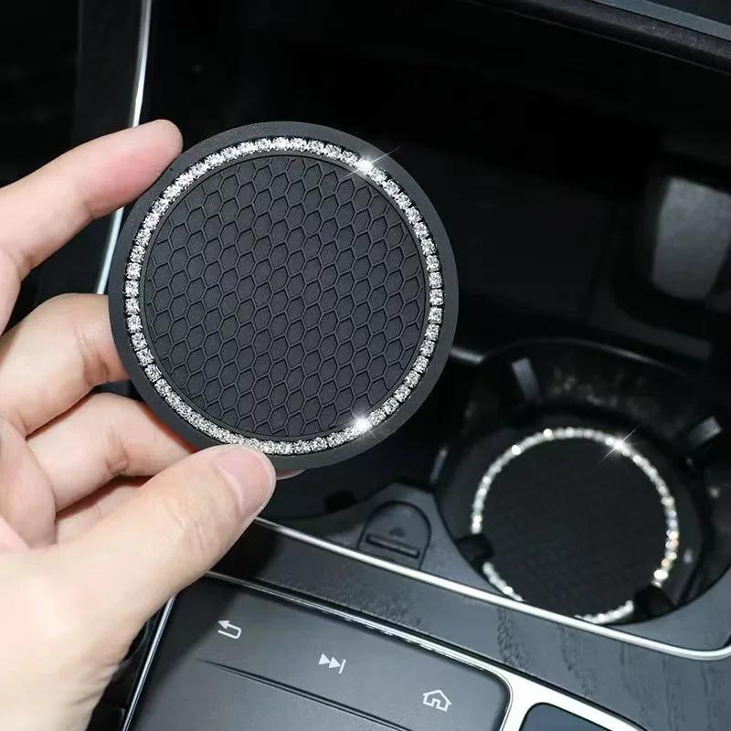 2PC Car Water Cup Pad Creative Diamond Inlaid Camellia Flower Storage Tank Non-Slip Mat Interior Decoration Products For Women