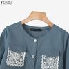ZANZEA Women Casual Round Neck Loose Lace Splice Loose Blouse
