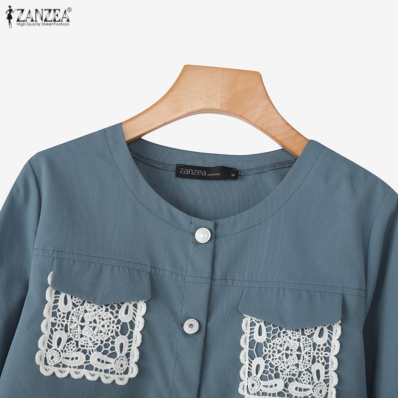 ZANZEA Women Casual Round Neck Loose Lace Splice Loose Blouse