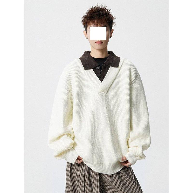 Men's American Retro Faux Two-Piece Polo Collar Sweater - Autumn/Winter Clean Fit Loose Casual Knitwear