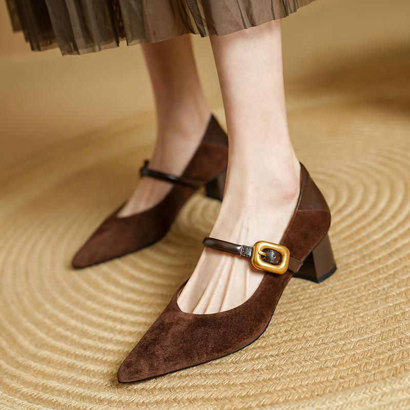 Fashion 2025 New Spring Women Pumps Genuine Leather Women Shoes Pointed Toe Shallow Buckle Strap Mary Janes Ladies Shoes Kid Suede