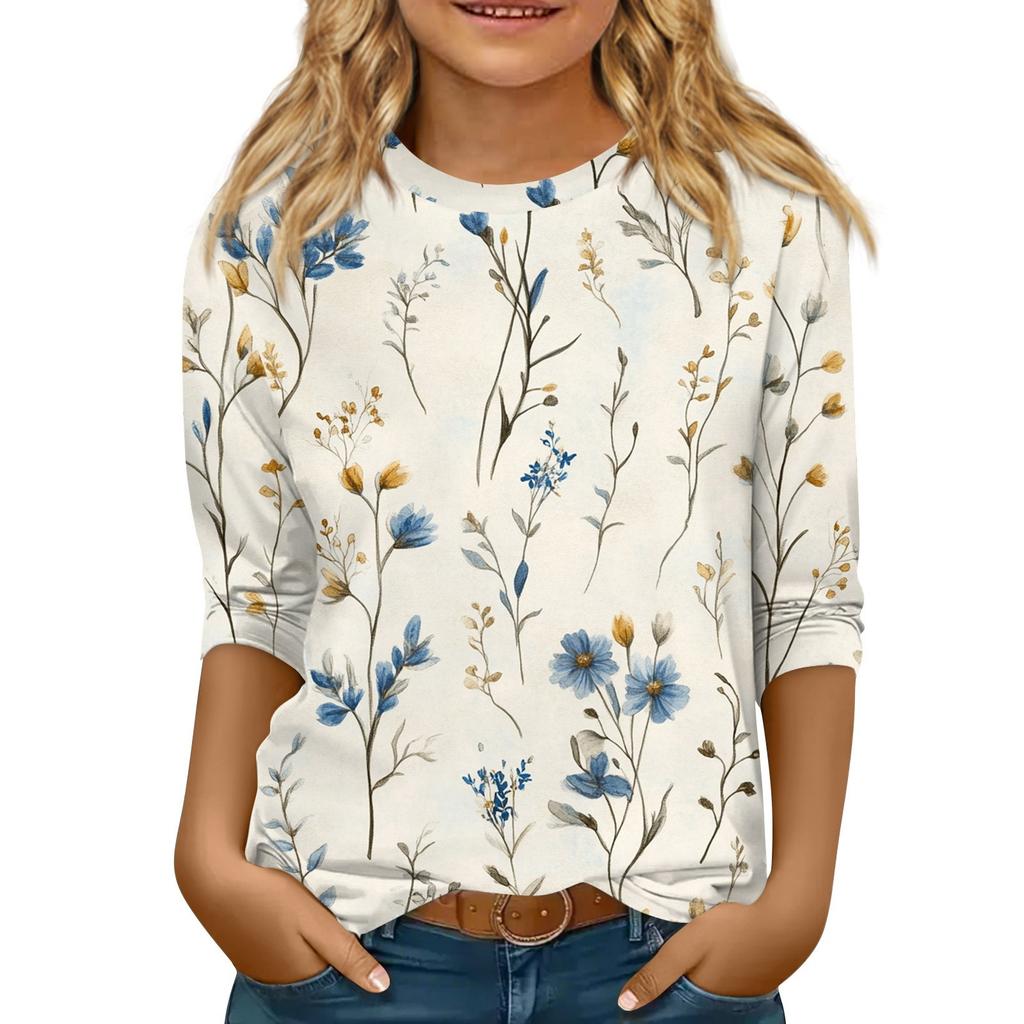 Kinder 3/4 Ärmel Tops Casual Print T-Shirt Rundhals Pullover Bluse