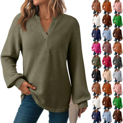 Mode Femme Manches Longues Tricot Col V Couleur Unie Haut Décontracté