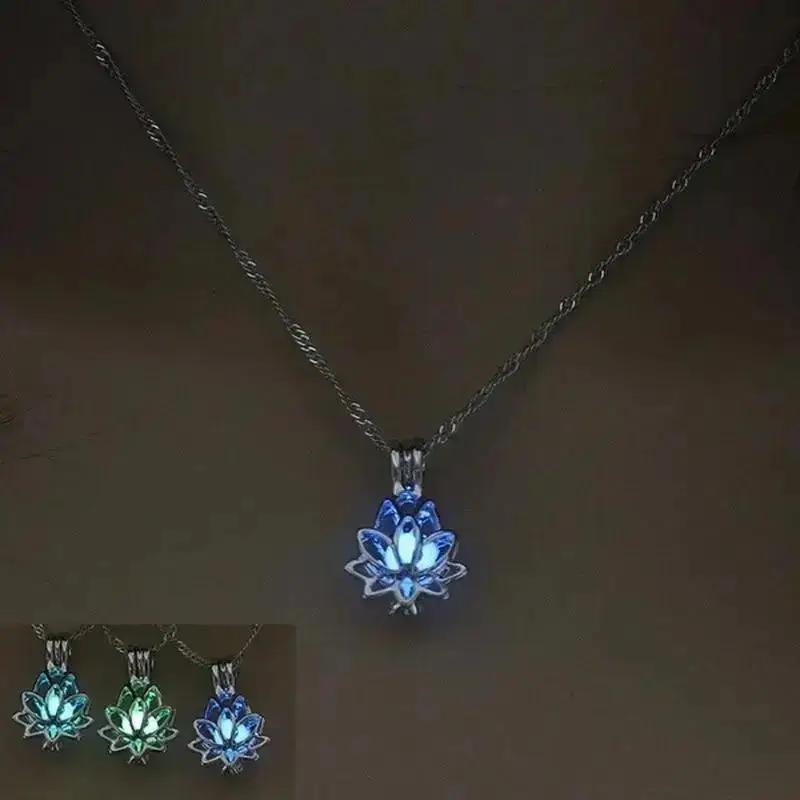 New Luminous Stone Lotus Pendant Necklace Fashionable Women Lotus Hollow Necklace Creative Luminous Pendant Holiday Jewelry Gift