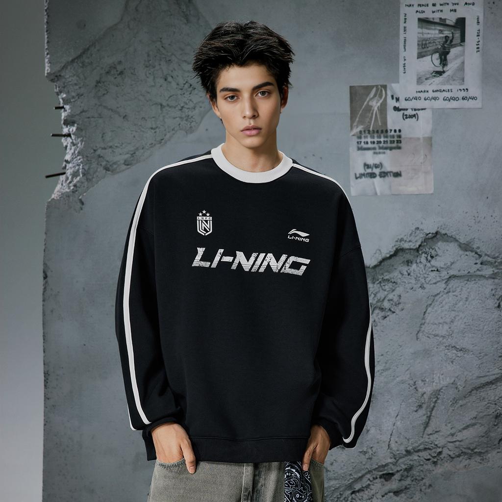 Li-Ning Comfortable Simple Letter Versatile Round Neck Fleece Loose Casual Warm Sweatshirt Unisex Sweatshirt Black AWDVC87-2