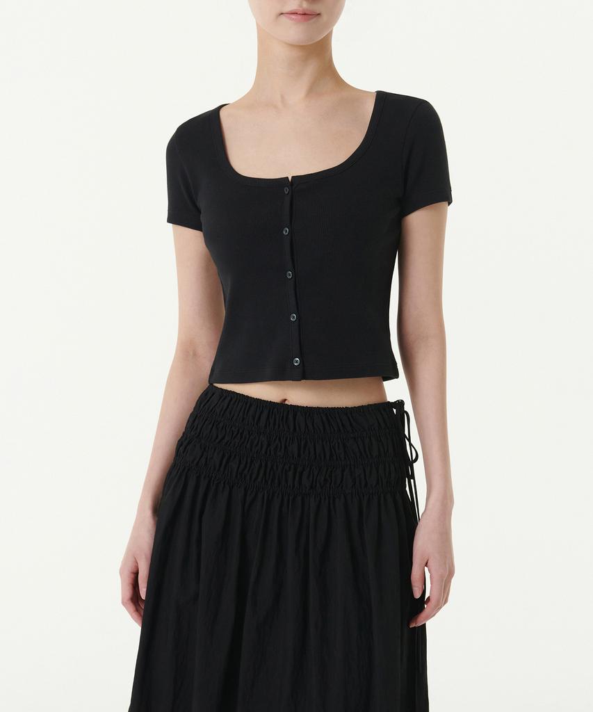 MUSINSA STANDARD WOMAN Women'S Slim Crop Square Neck Button T-Shirt [Black]