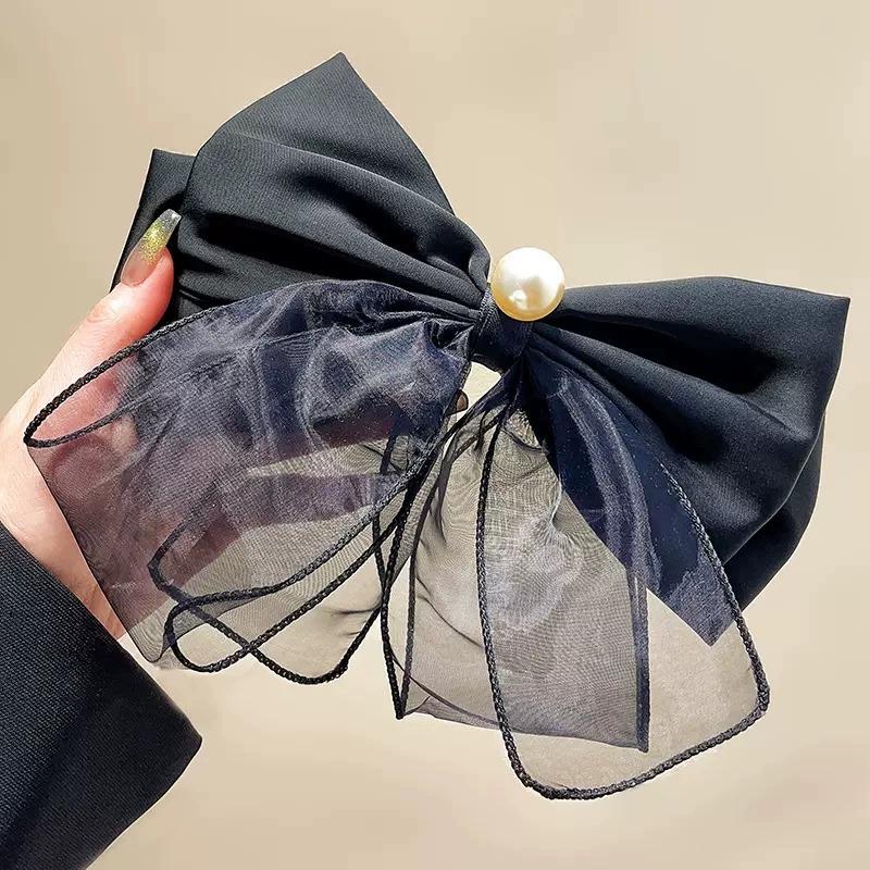 Fermaglio per capelli con fiocco in raso nero: Elegante Molletta Grande per Coda di Cavallo da Donna