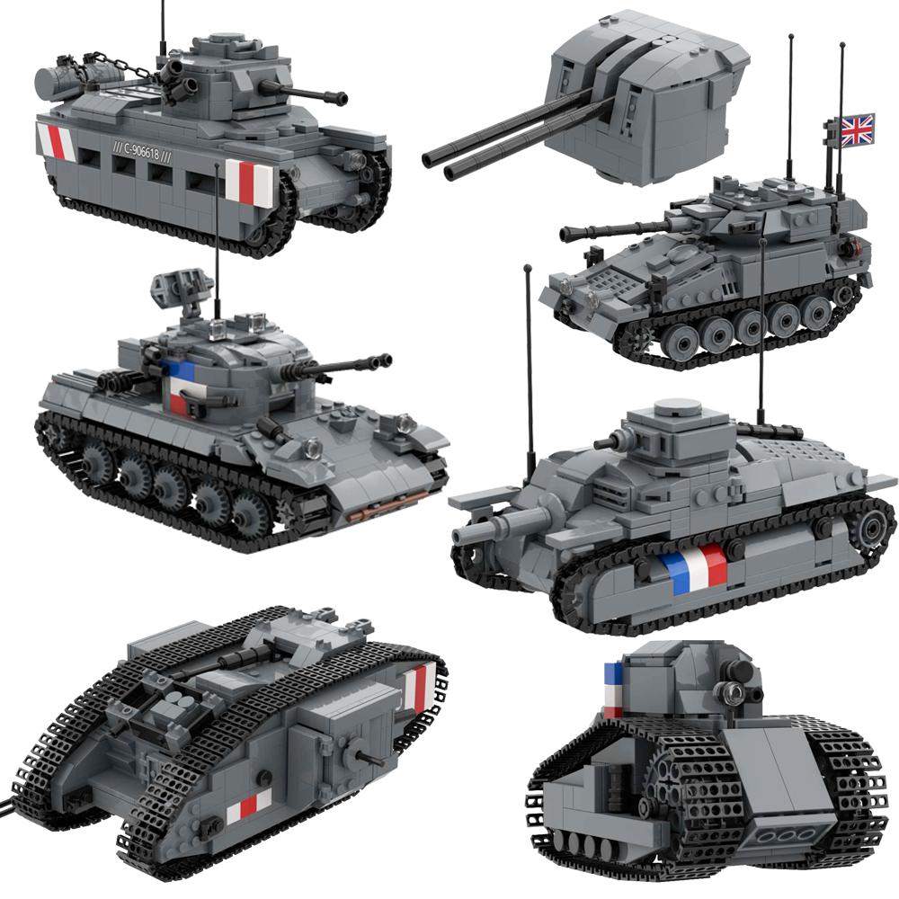 UK French Army Building Block Toy Military Ww1 Ww2 Mark Tank Matilda Staghound Mk1 AMX30 FV107 Armored Vehicle Howitzer Truck