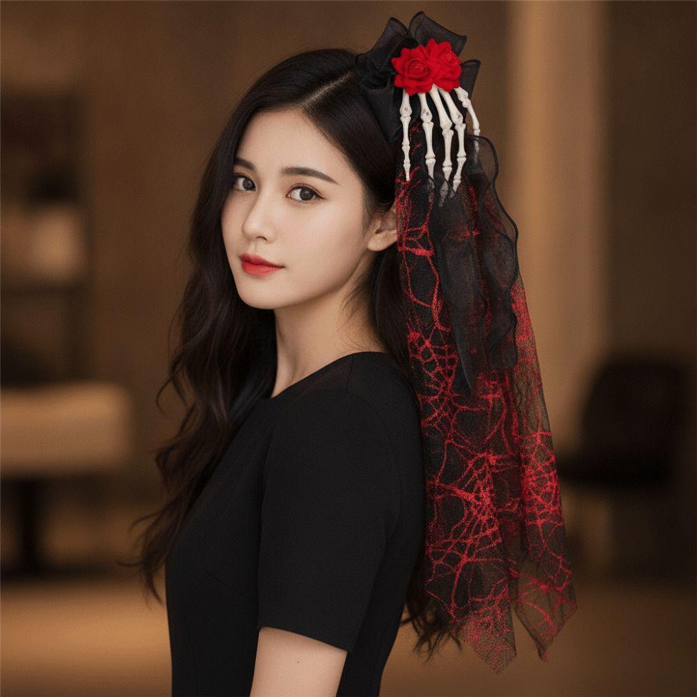 Long Tulle Skeleton Hand Mesh Veil 3D Skeleton Skull Hairwear Gothic Headband Stage Performance