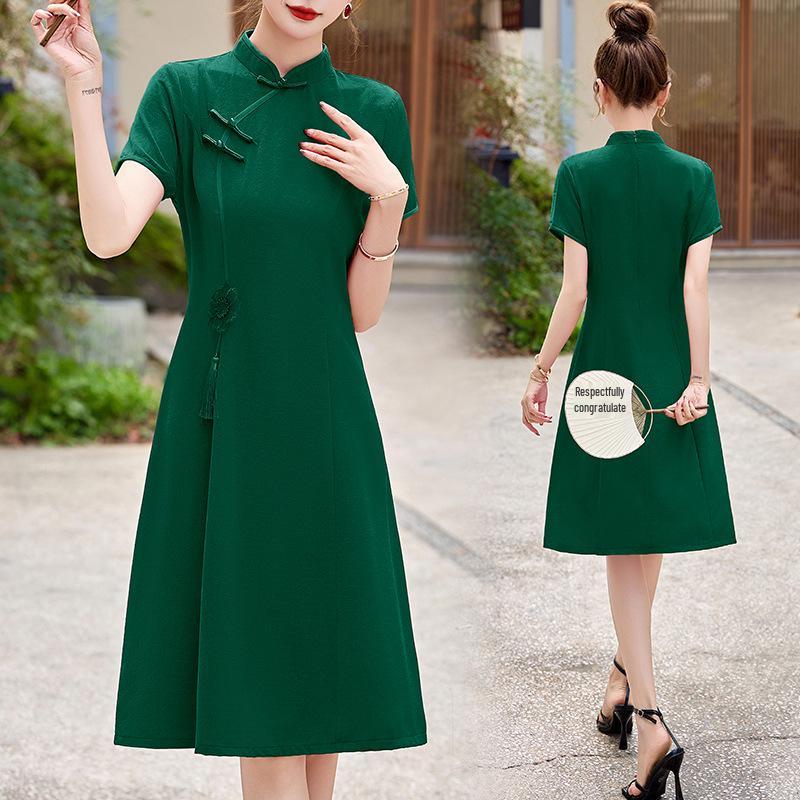 2025 Summer Women's Chinese Style Dress with Stand-up Collar and Tassel Appliqué - Style LX283