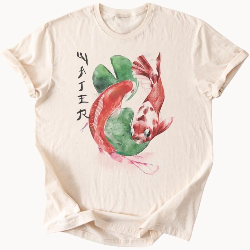 Koi Fish and Lily Pad Watercolor Art Graphic T Shirts Aquatic Nature Inspired Shirt Koi Pond Lovers Women Cotton Oneck Tshirt