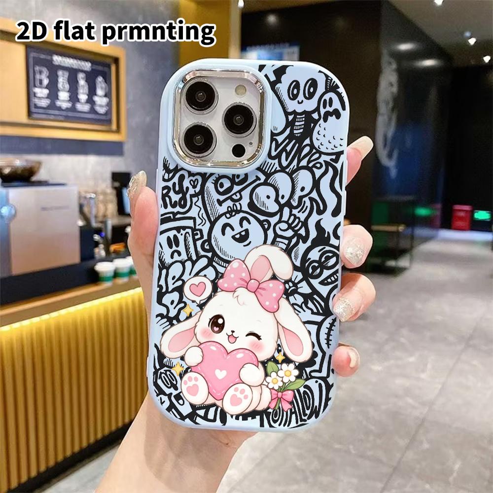 Phone Case: 2D Flat Design Suitable for iPhone 18 17 16 15 14 13 Pro Protective Case, Couple Style, Hugging Heart White Rabbit, Christmas and Hallowee