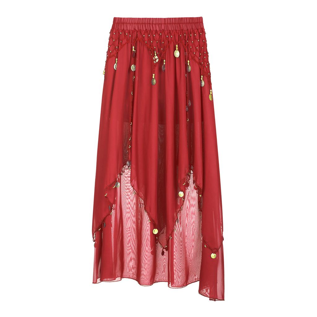Ladies Sequin Beaded Belly Dance Skirt Chiffon Fabric Elastic Waistband Performance Costume Practice Dancewear
