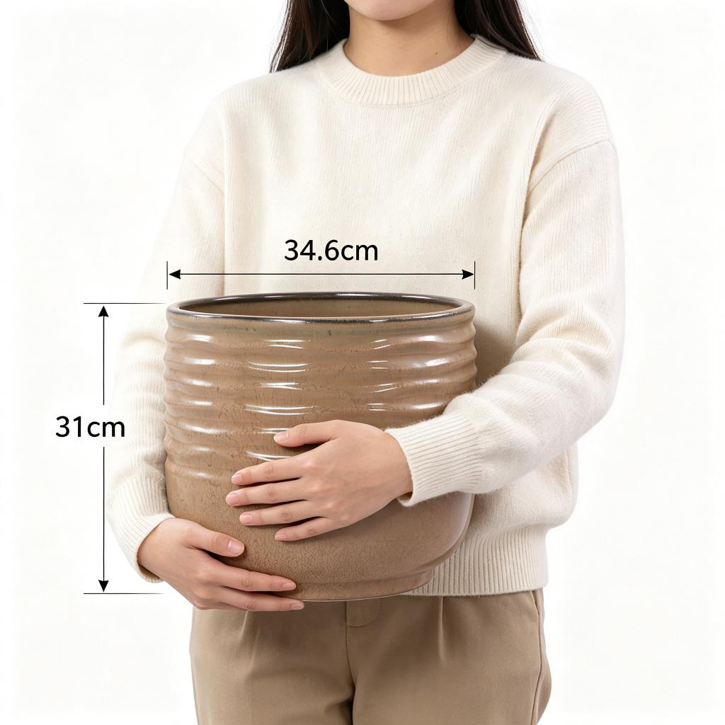 Single Handmade Ceramic Planter (diameter 36 cm), Light Brown, Wave Groove Structure, Breathable, Frost-Resistant
