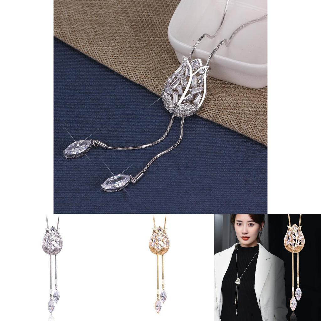 Elegante Lange Tulpen-Anhänger-Halskette Mit Funkelndem Zirkonia Für Stilvolle Frauen