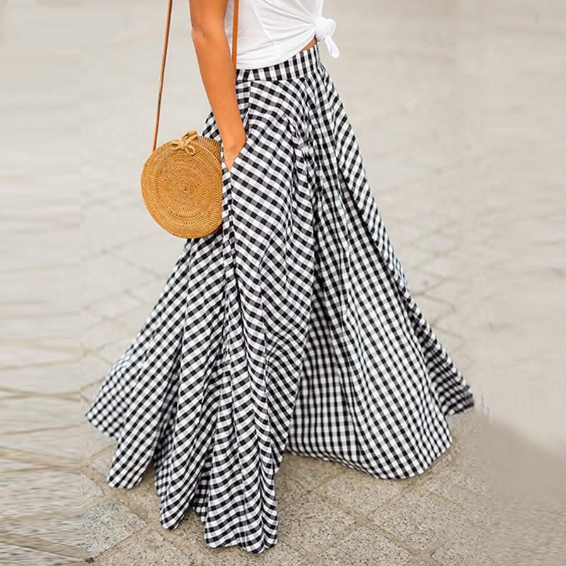 Women's Gingham Plaid High Waist Elastic Waistband Maxi Skirt A Line Big Flared Long Skirt