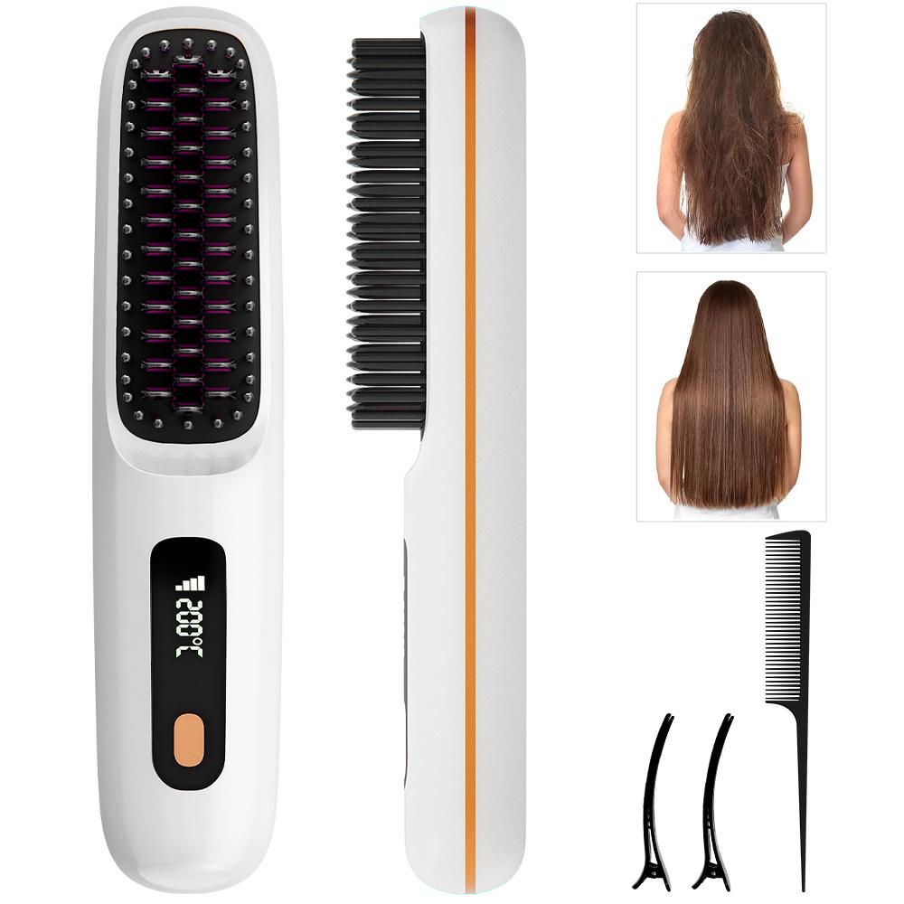 Rechargeable Hair Straightener Brush, Ionic Straightening Comb with 20s Fast Heating, 3 Temp Settings & Auto-Off for Home Salon