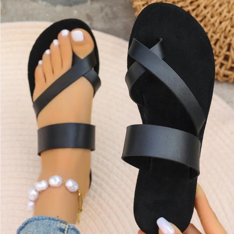 2024 Damen Sommer Einfarbig Schlicht Retro Knöchelriemen Runde Zehenpartie Flacher Boden Übergröße Römische Schuhe Bequem für Frauen