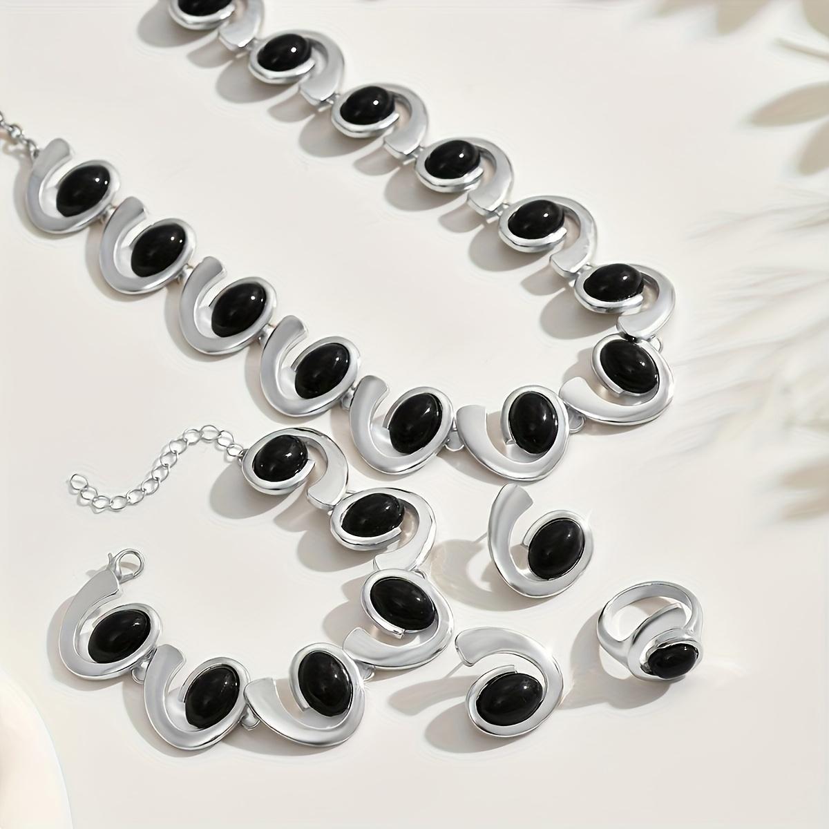 

4pcs/Set Silver Women Fashion Simple Necklace Earrings Bracelet Ring Set Geometric Oval Black Acrylic Inlay Spiral Splicing