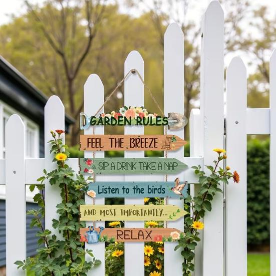 Garden Rules Hanging Sign, Spring Wooden Welcome Door Sign for Front Door, Rustic Farmhouse Wall Plaque for Porch Yard Gardening Shed Decoration