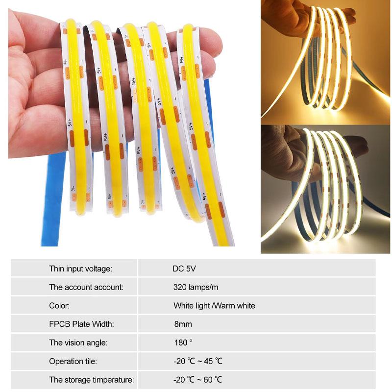 Xiaomi 5V USB ON/OFF COB Strip 320Leds White/ Warm White Light for Home Decor Cabinet Lamp Flexible Ribbon Rope LED Light