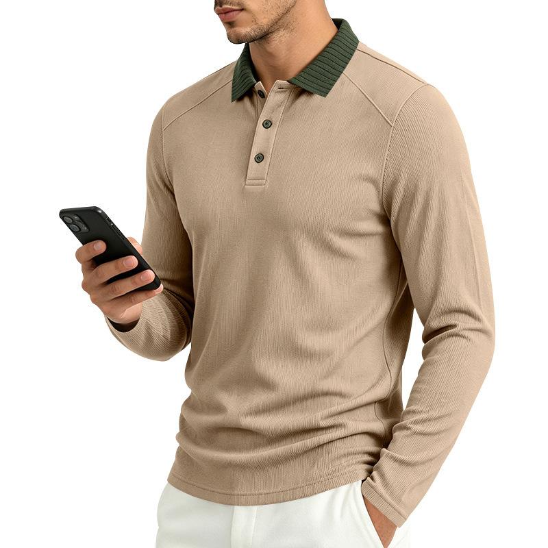 Men S Long Sleeve Polo Shirt Ribbed Collar Solid Color Casual Spring Autumn