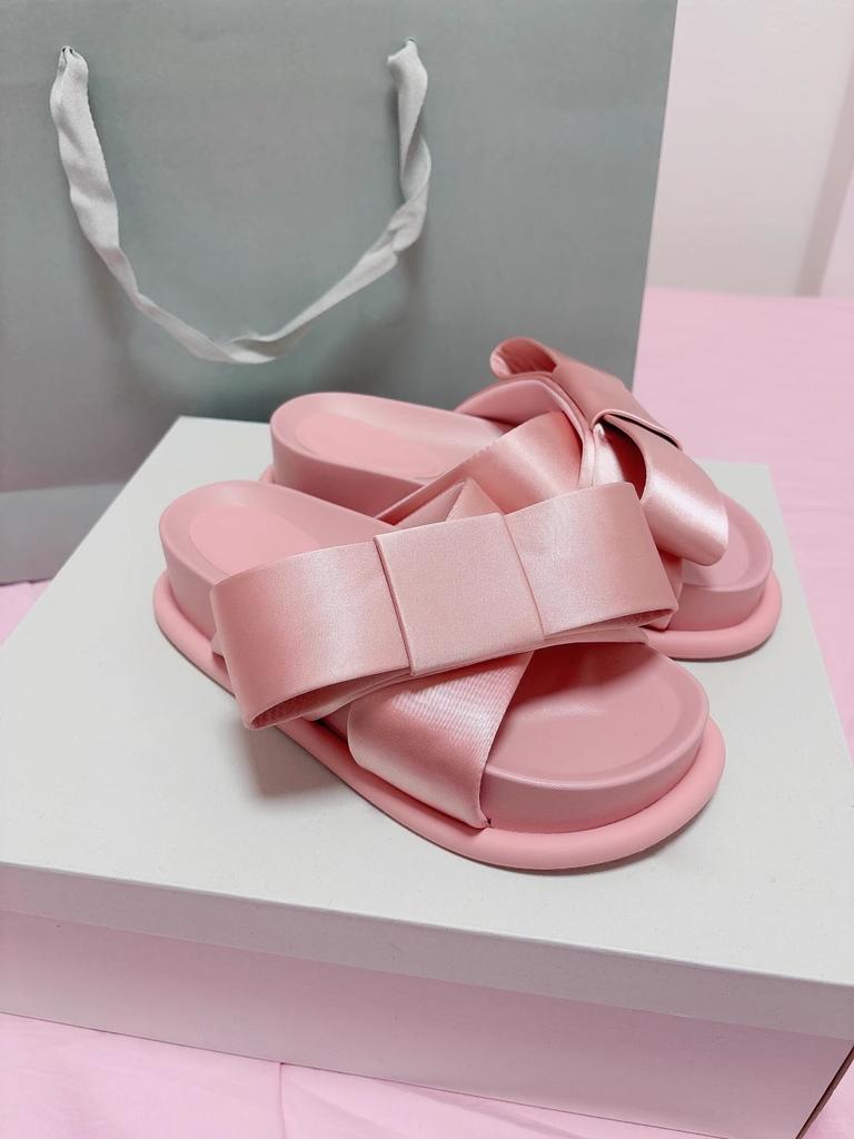 2025 Summer Butterfly-knot Slippers Sweet Pink Round Toe Pull-on Thick-sole Bow Flip Flops Women's Outdoor Dress Shoes