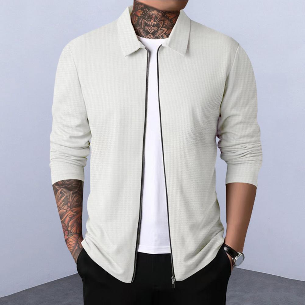 Primăvară toamnă Jachetă cu mânecă lungă cu revere pentru bărbați, cu textura de vafe, buzunare laterale, cu fermoar, jachetă slim fit, îmbrăcăminte stradală