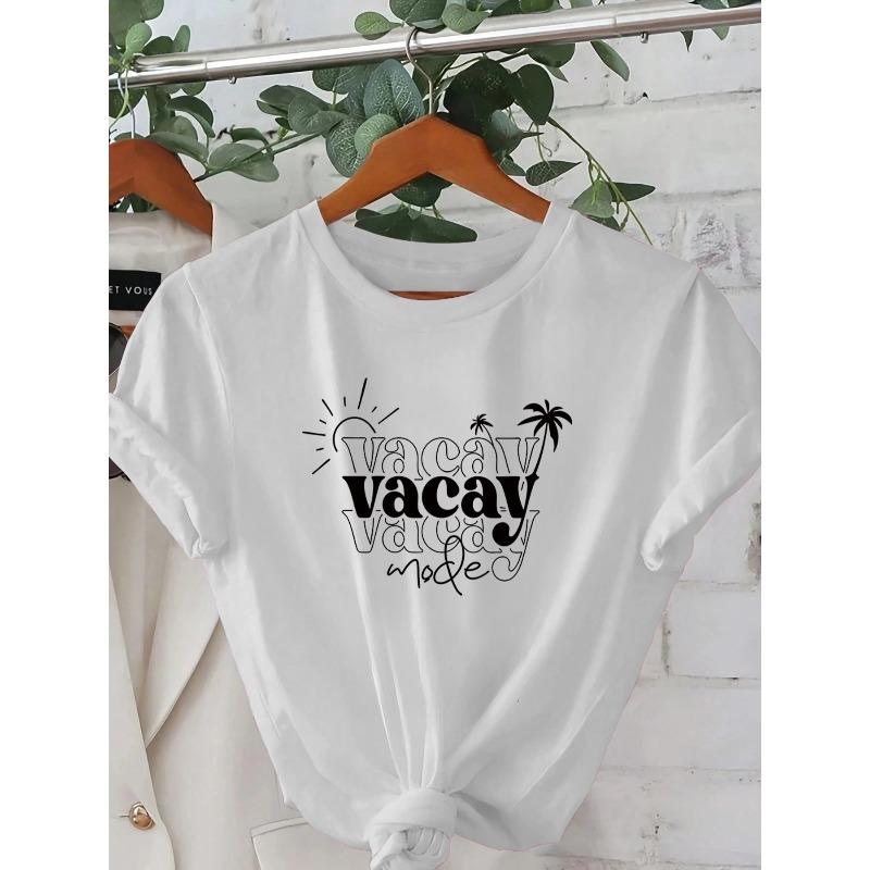 

Women S Pink VACAY MODE Graphic T-Shirt - Casual Short Sleeve Crew Neck, Lightweight Polyester, Summer Beach Tee with Palm Tree & Sun Design, S белый