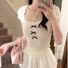 Bow U-neck T-shirt Women's lace short-sleeved spring and summer slim-fitting sweet inner top bottoming shirt