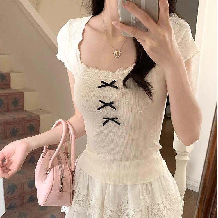 Bow U-neck T-shirt Women's lace short-sleeved spring and summer slim-fitting sweet inner top bottoming shirt
