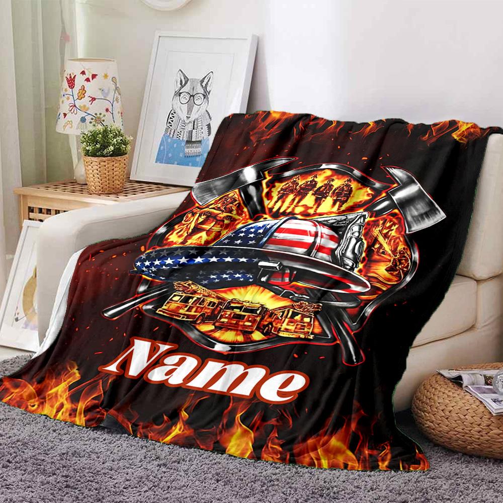 Firefighter Pride American Flag Helmet And Axes Lightweight Blanket Customize Text Soft Cozy Perfect For Sofa Couch Office Bed Picnics Ideal For All
