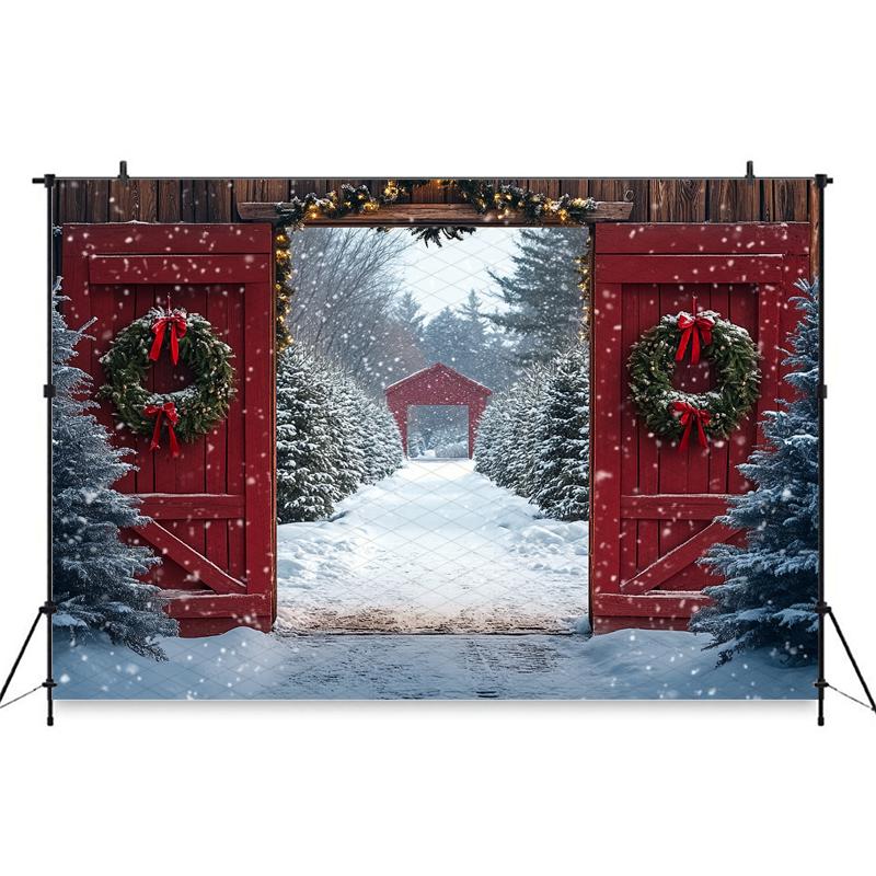 Mocsicka Christmas Photography Background Winter Snowflake Decoration Photo Backdrops Xmas Tree Red Door Pattern Shooting Banner