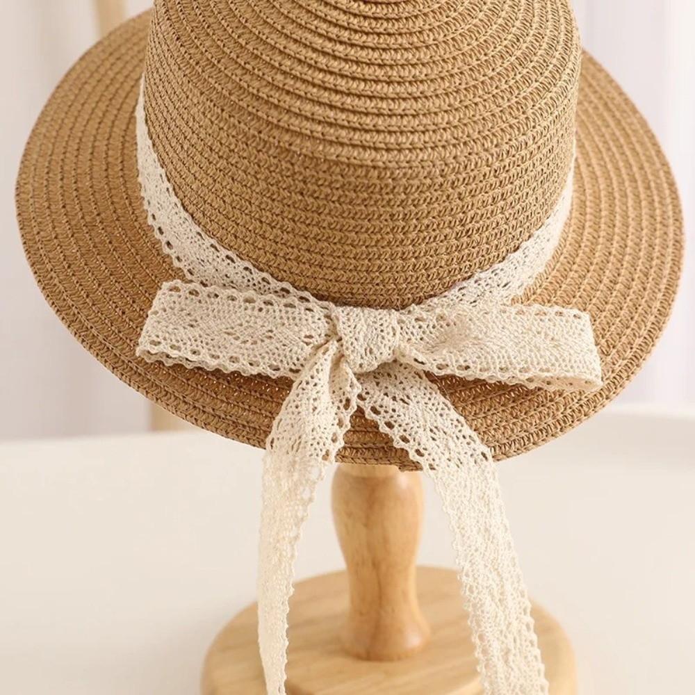 Fashion Lace Bow Straw Hat Foldable UV Protection Sun Visor Cap Breathable Sunshade Beach Hat for Girls