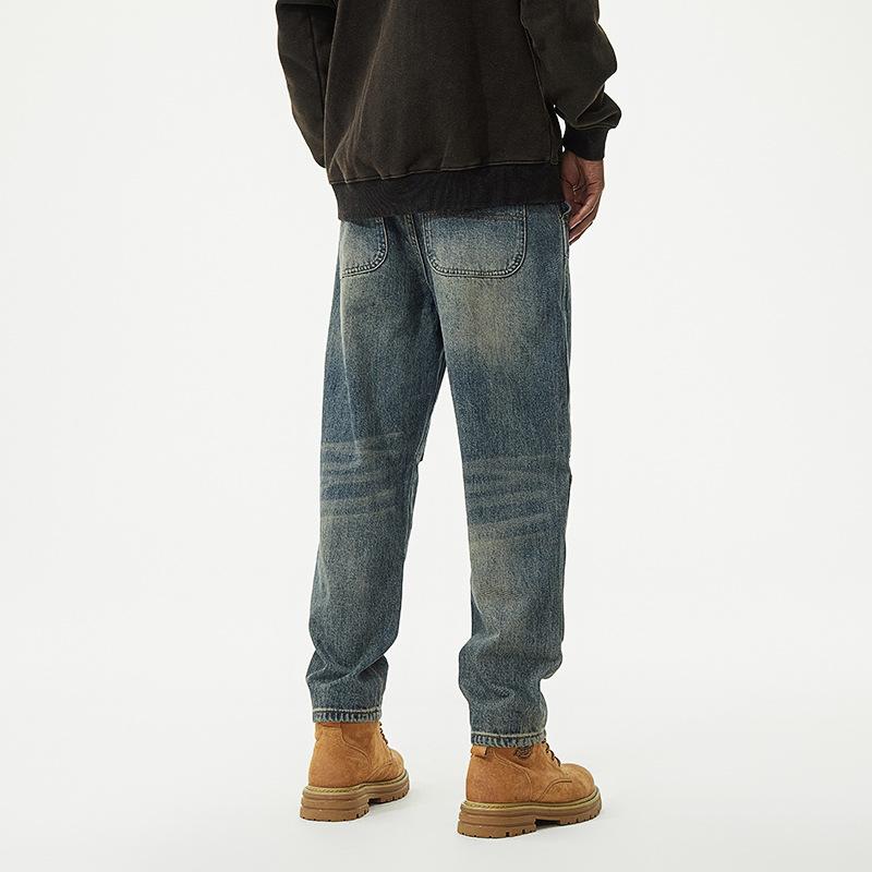 Men's Daddy Denim Tooling Multi-Pocket Trousers New Retro Old Wash Straight Harlan Jeans American