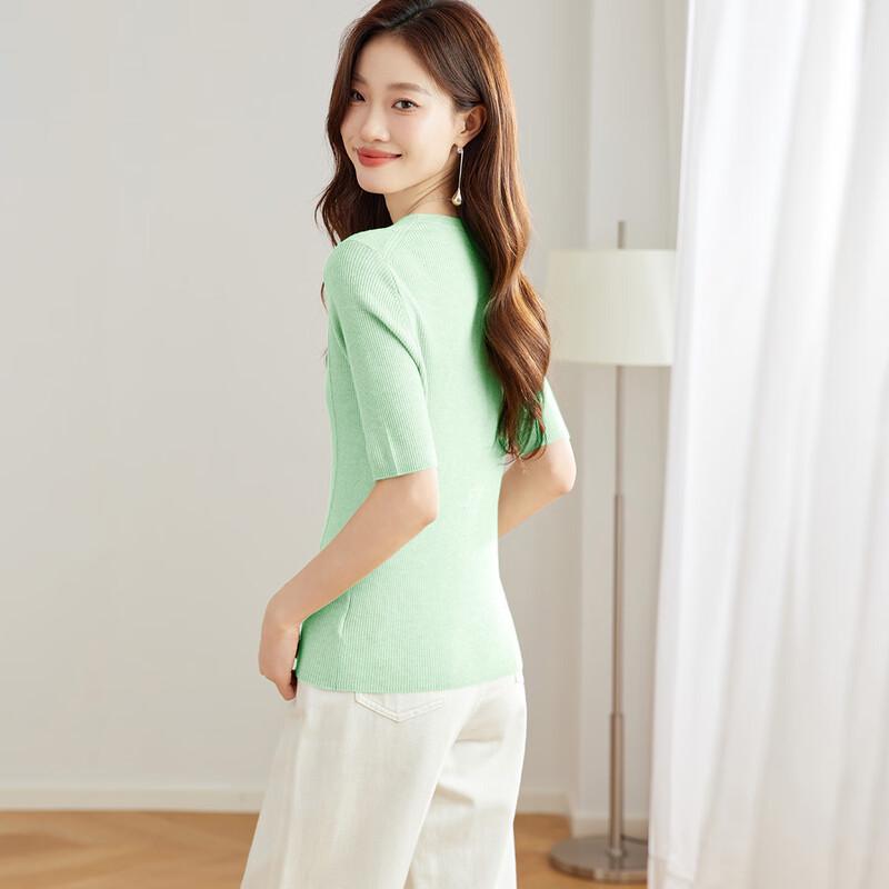 Srcr Damen Kurzarm Slim-Fit Rundhals Stricktop