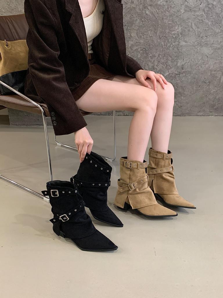 Retro Thick Heel Medium Boots Women's 2025 New Autumn Versatile Pointed Western Cowboy Boots Belt Buckle Trouser Boots