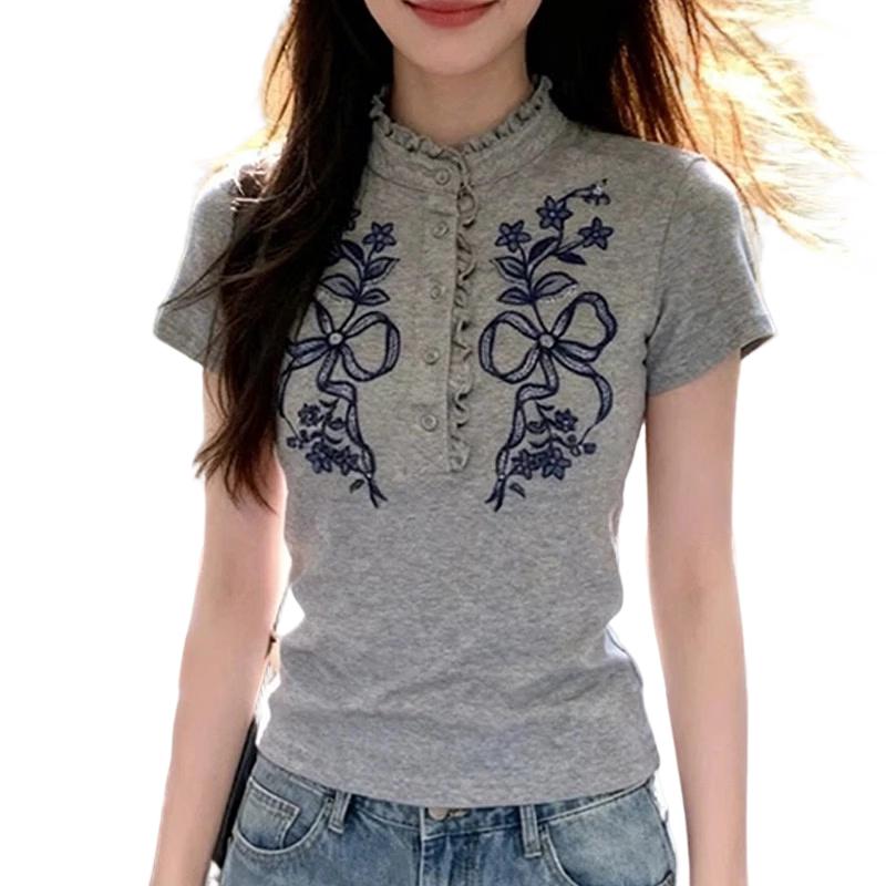 La Chapelle Women s Ruffled Stand-Up Collar Printed T-Shirt M