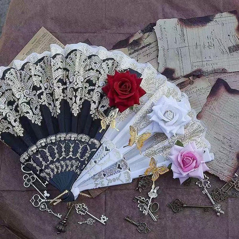 Dance Cosplay Court Lolita Lace Fan Lace Rose Photograph Props Art Craft Gift Hand Held Fans