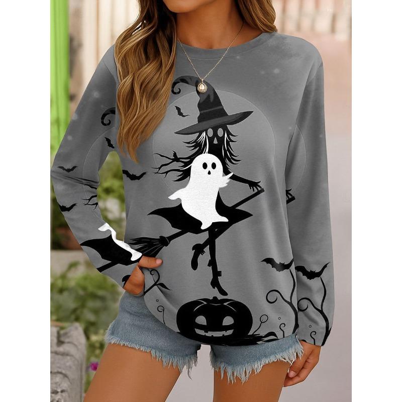 Round Neck 3D Ghost Printed Top Casual Long Sleeved Women's T-shirts - Soft Medium Stretch Polyester Fabric Spring and Autumn Relaxed Fit Clothing