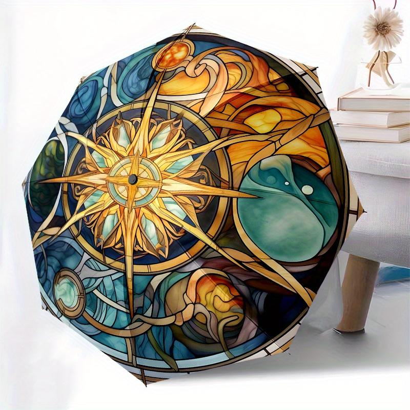 Stained Compass Rose Window ArtUmbrella, Portable 3-Fold Compact Umbrella for Men & Women Gift