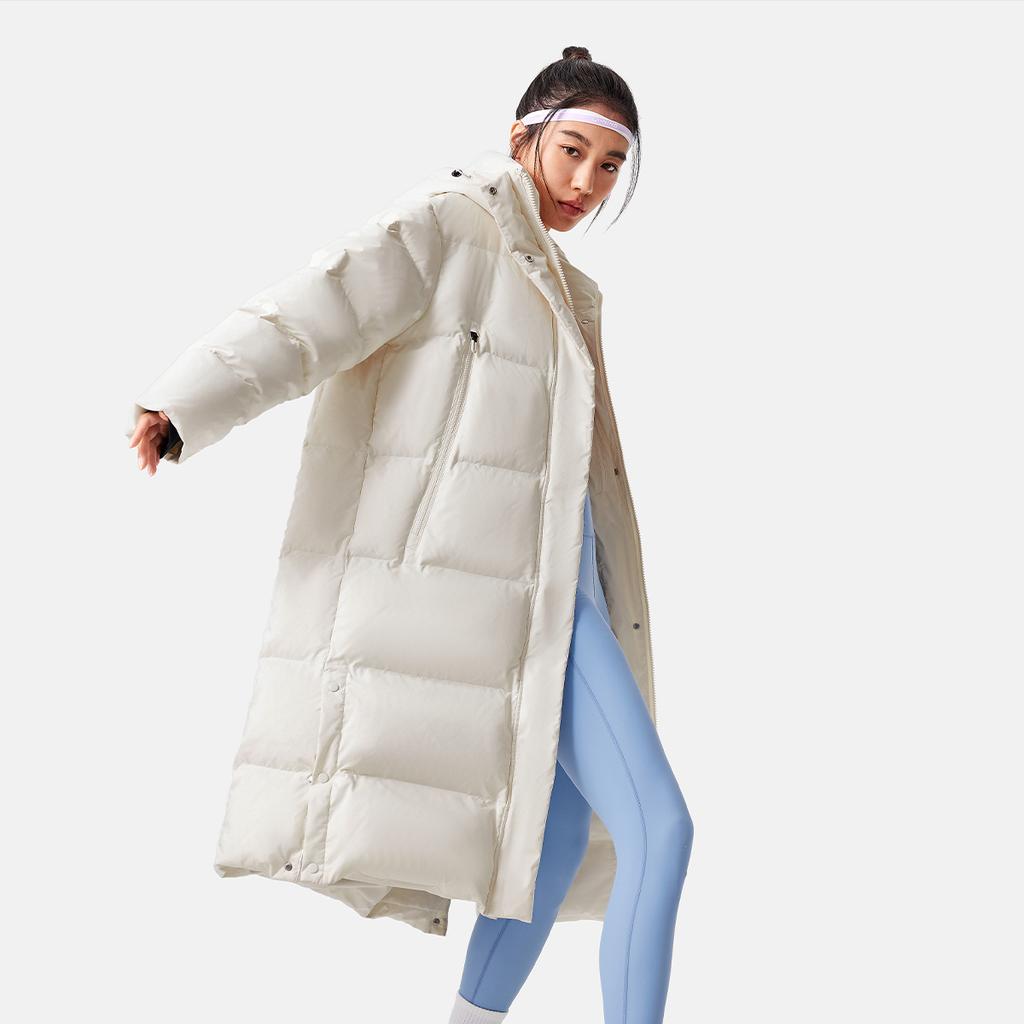 Li Ning Fitness Series Sports Leisure Loose Hooded Cold Resistant Warm Outdoor Long Down Jacket Women Outerwear Champagne-White AYMU110-1